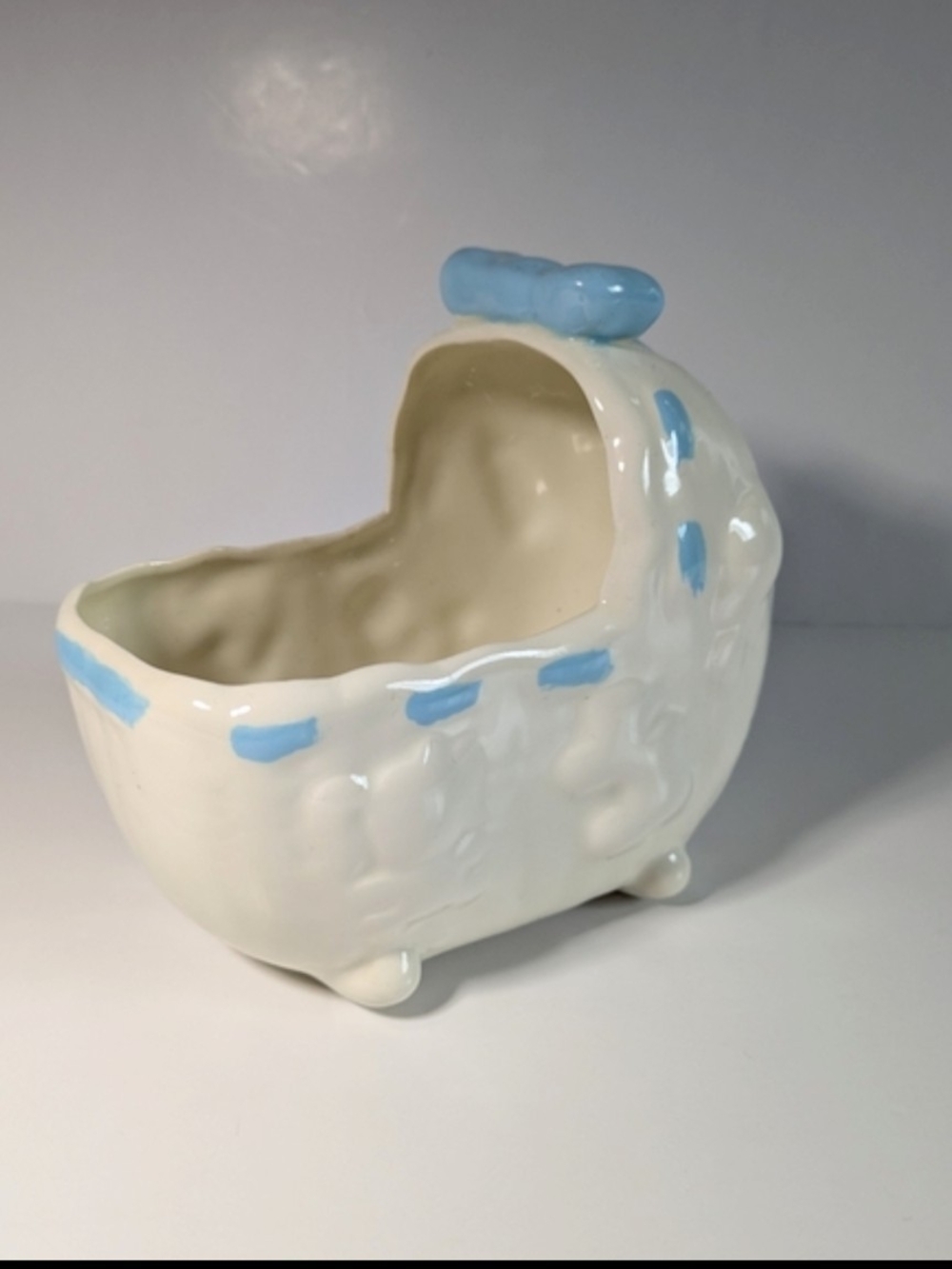 Vintage Ceramic Baby Cradle Planter White Blue Bow Cute Nursery Decor Vase